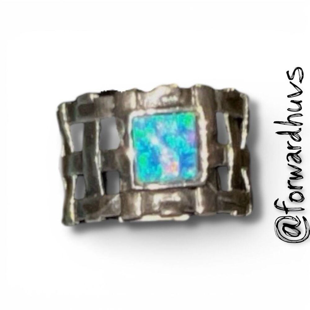 Sterling Silver Woven Band Ring with Square Synthetic Opal – Size 8